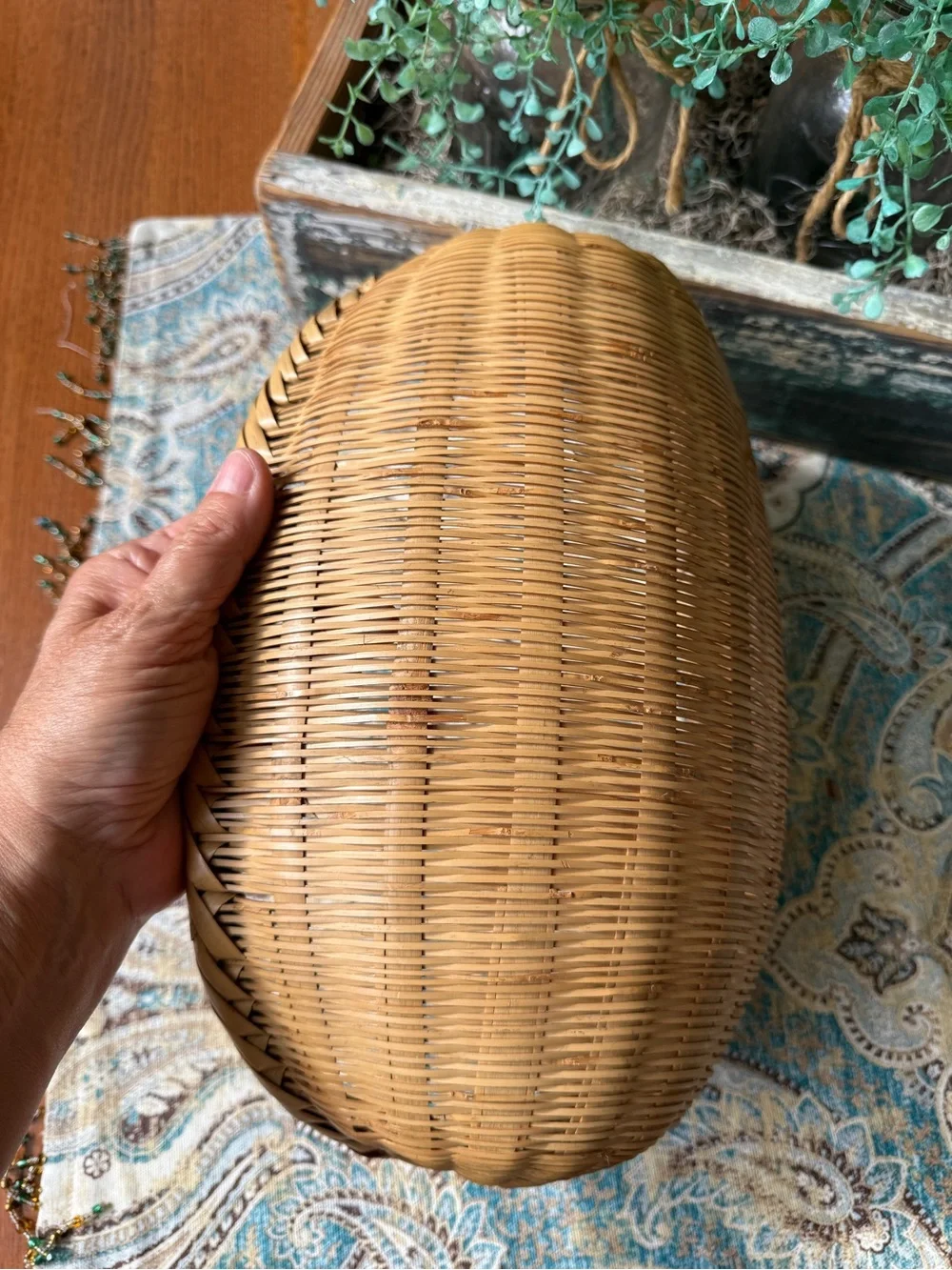 Hand Woven Split Reed Basket Oval Gathering Basket Vintage Farmhouse Decor